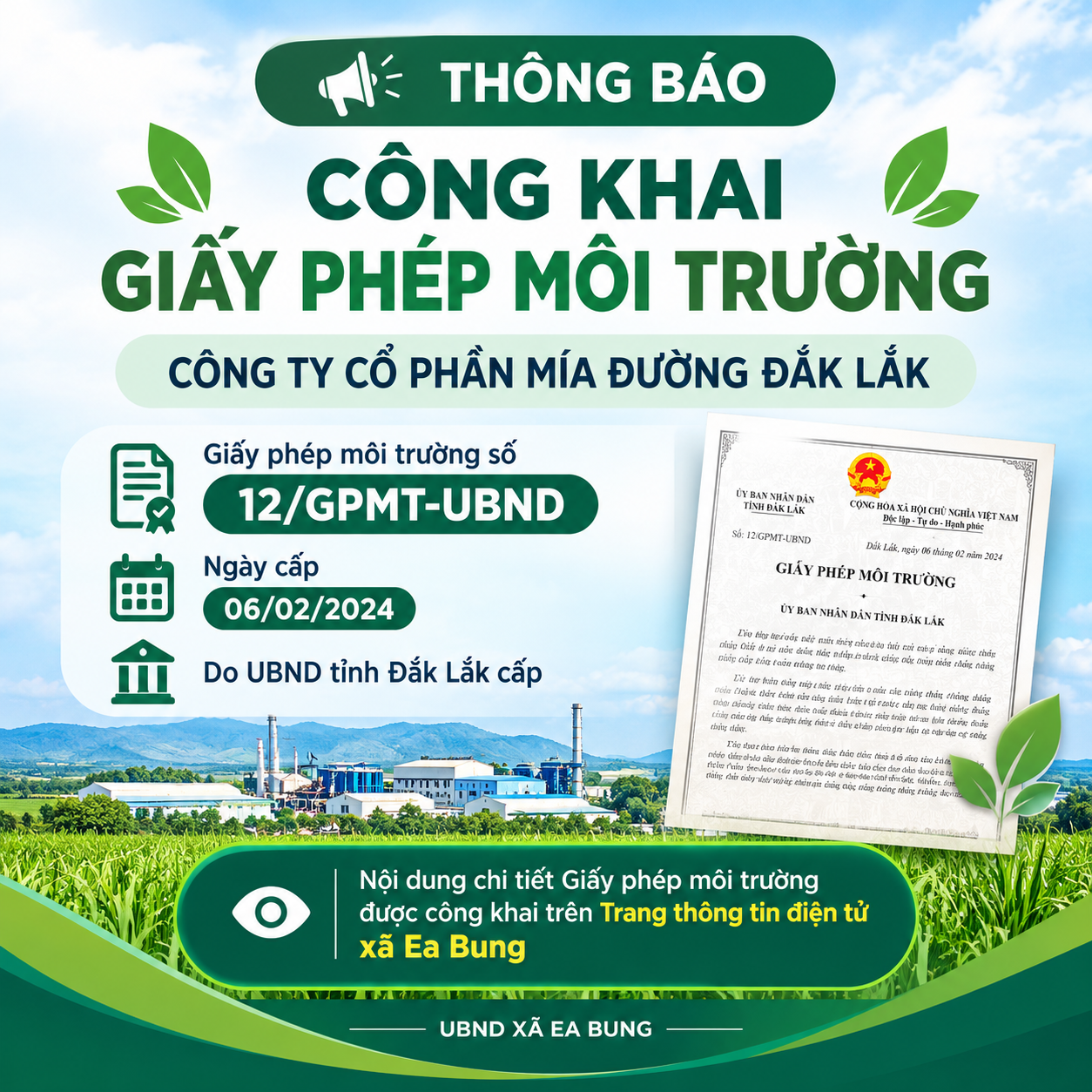 THÔNG BÁO  Về việc công khai Giấy phép môi trường của Công ty Cổ phần Mía đường Đắk Lắk