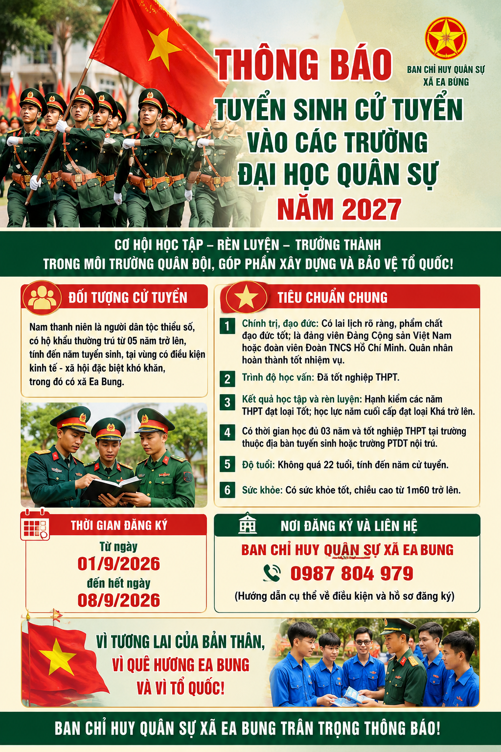 Ban Chỉ huy Quân sự xã Ea Bung Thông báo Tuyển sinh Cử tuyển vào các Trường Đại học Quân sự năm 2027