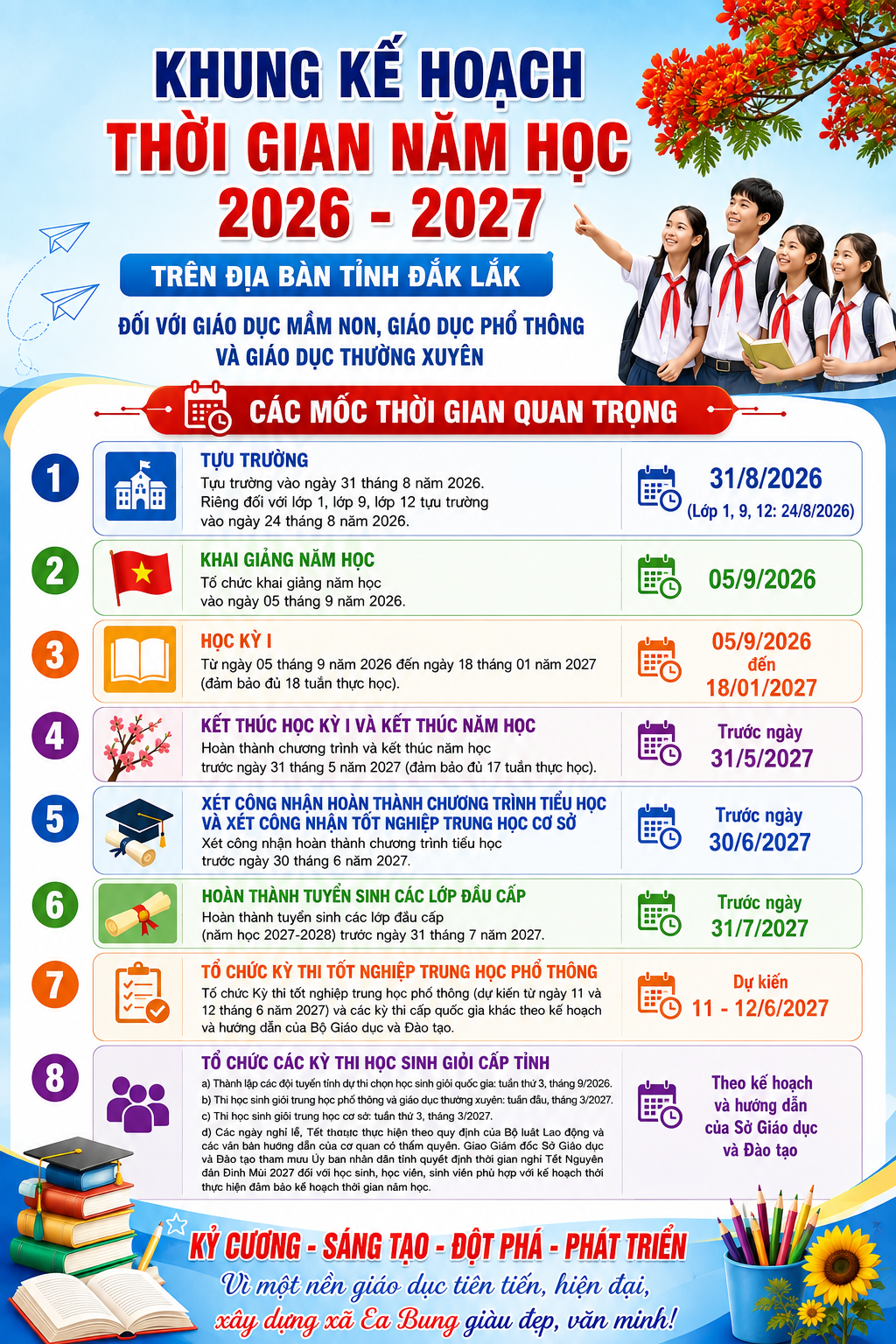 Khung kế hoạch thời gian năm học trên địa bàn tỉnh Đắk Lắk năm học 2026 - 2027